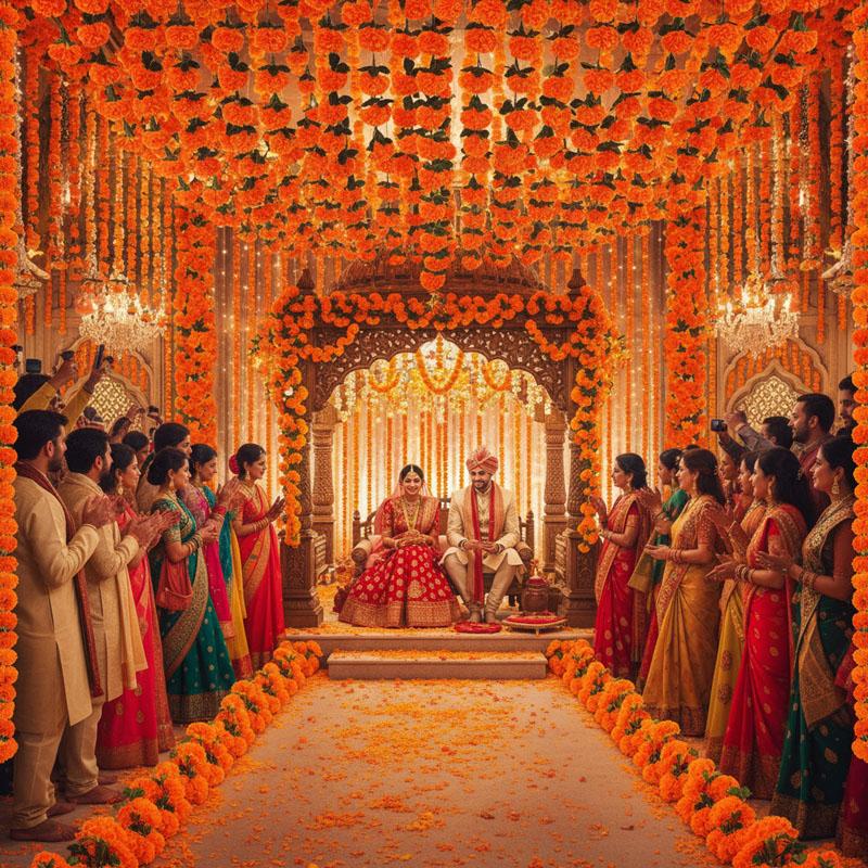 Artificial Marigold Chrysanthemum Wall Hanging Vine for Diwali Wedding Pooja Mandir Decoration Home Party Festival Garland Decor