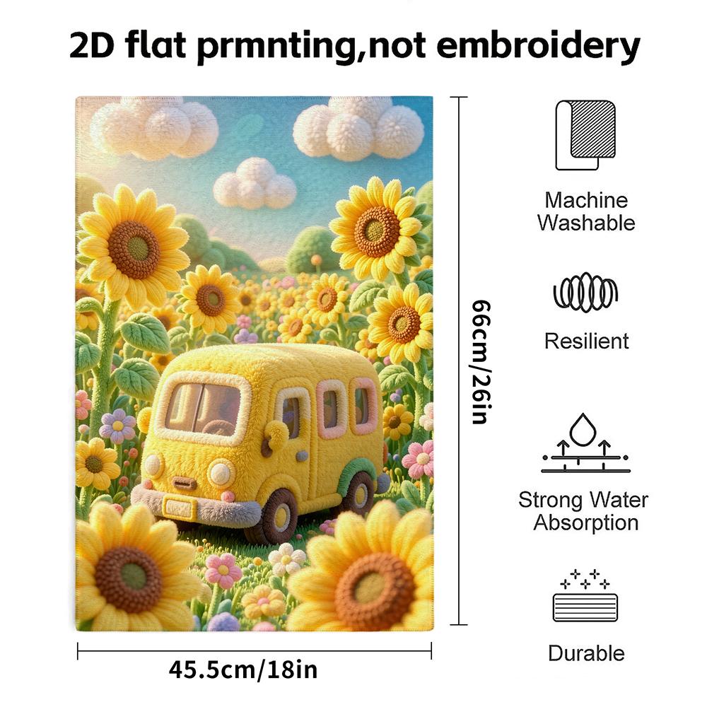 Felt Sunflower Van Towel, Quick Dry Absorbent Towel, Wool Texture Cute Print, Soft Face And Bath Towel