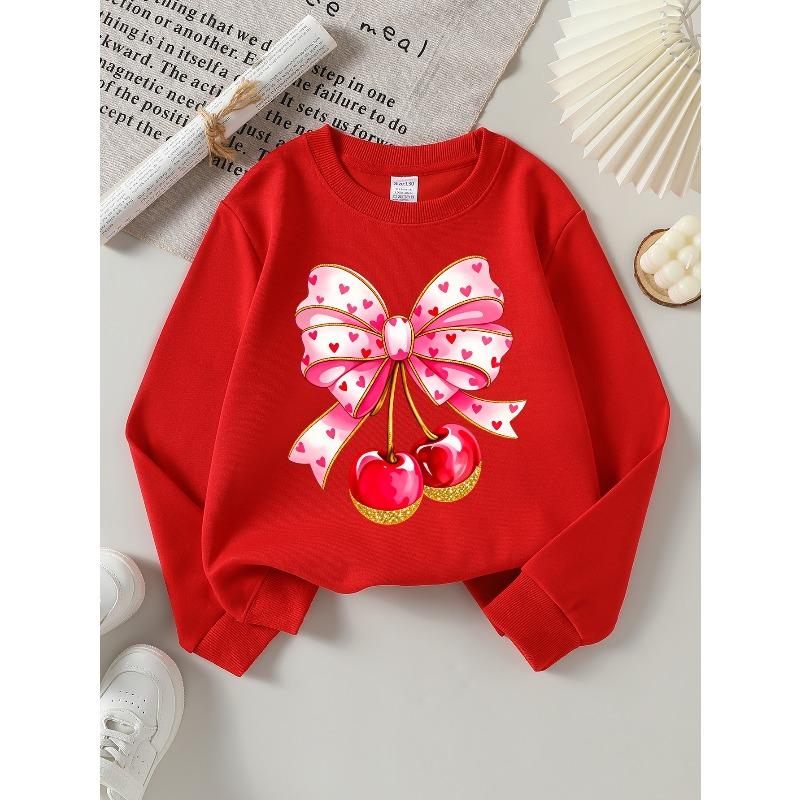 Girls Crew Neck SweatshirtPink Heart Bow with Cherries, Soft Cozy Pullover, Warm Casual Outfit for Autumn & Winter