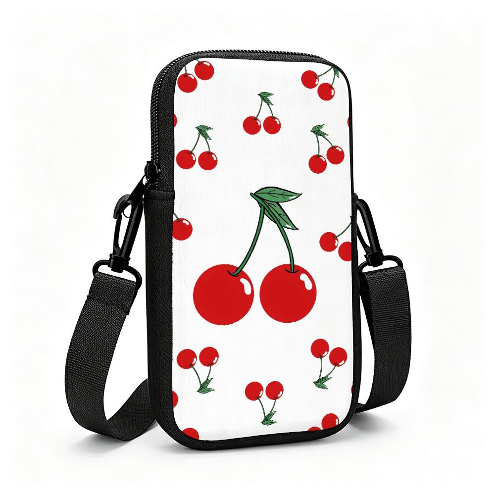 Cherry Blossom Cartoon Red Cherries Pattern Green Stem Leaf Graphic Print Fashion Adjustable Removable Strap Crossbody Phone Bag