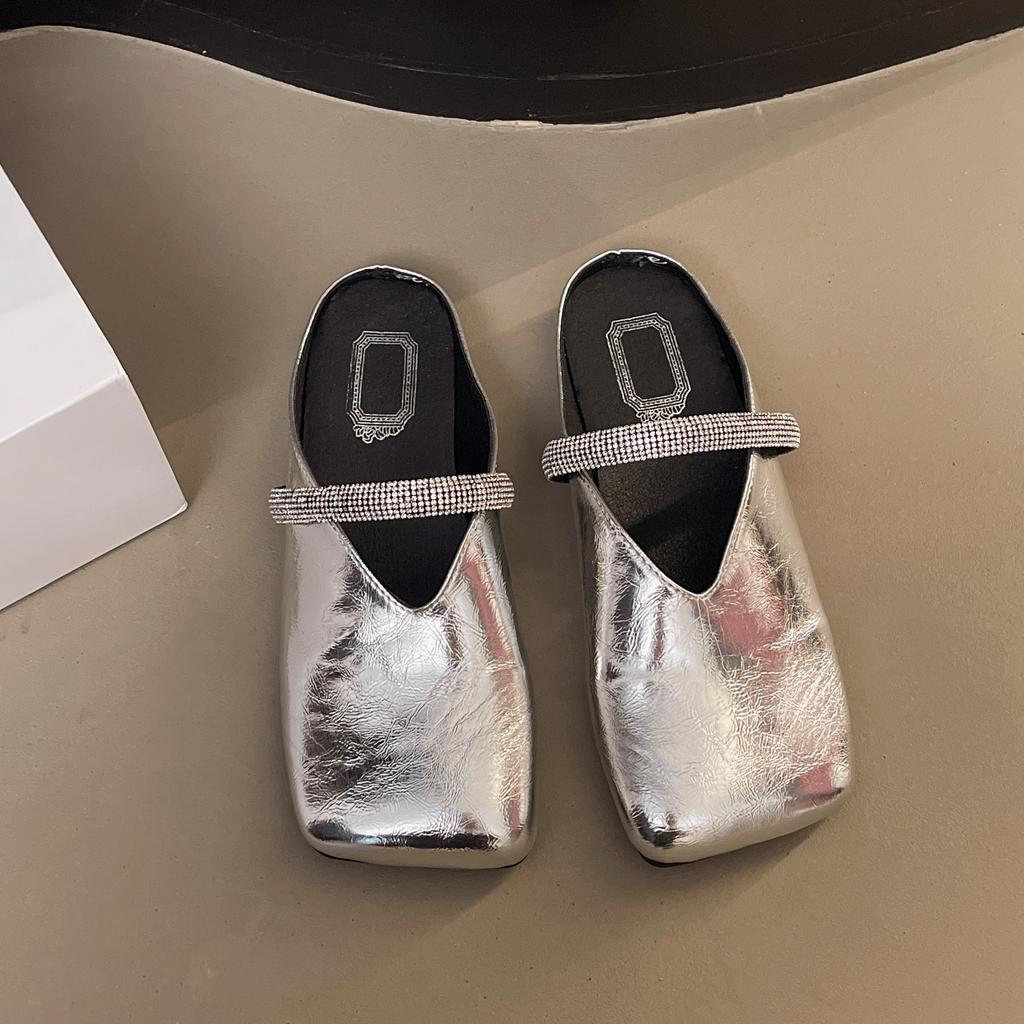 Bowknot Pearl Flat Bottom Baotou Half Slippers Women New Summer Shallow Mouth Mary Jane Single Shoes Casual Slides