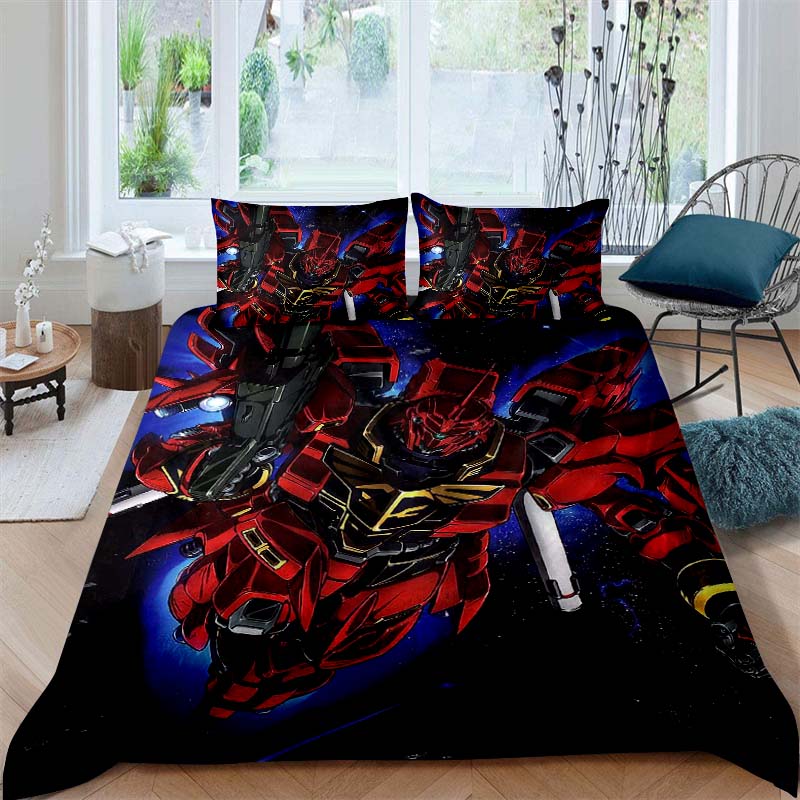 3D printed Mobile Suit Gundam bedding set, printed single duvet cover and pillowcase three-piece set, available in children's