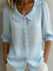 European and American design sense niche commuter linen new spinning shirt short sleeve loose v-neck women's summer