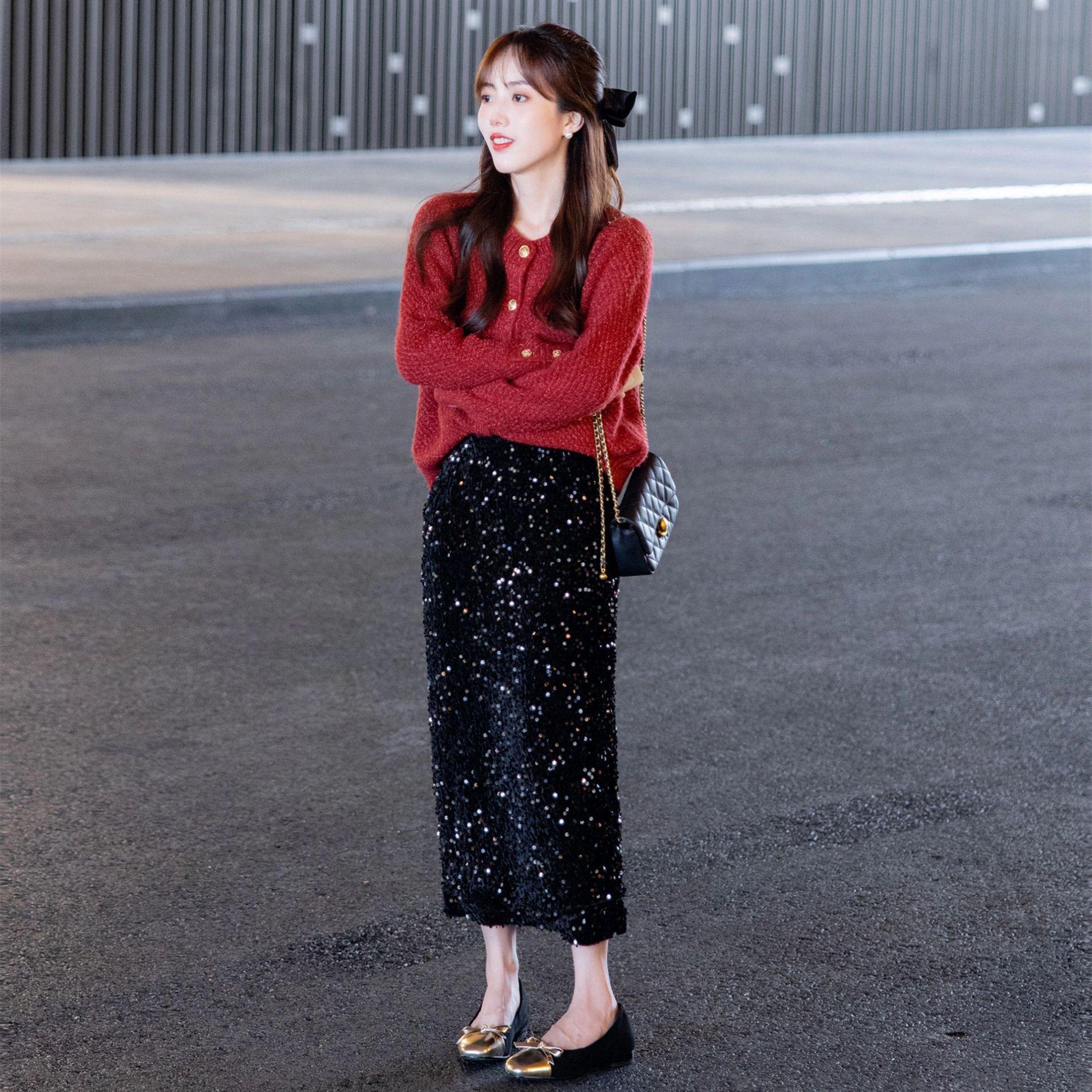 Elegant Black Sequin Pencil Skirt for Petite Women - 2026 Spring/Autumn Collection 3XL