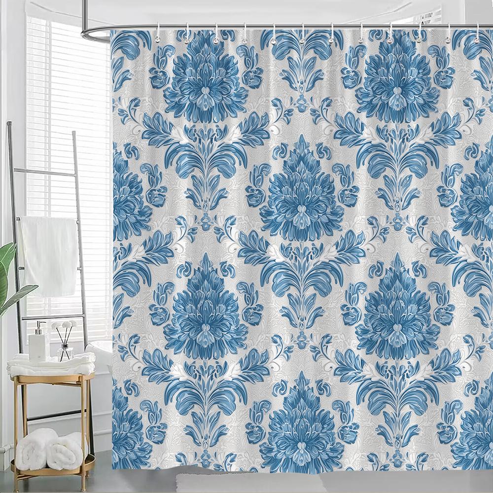 1pc Elegant Navy Blue & White Damask-Like Shower Curtain with Large Floral pattern (Blossoms & Leaves) - Heavy-Duty 90x180cm35x71in