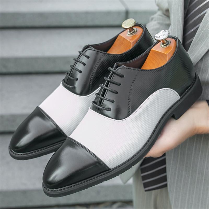 Moda Moda Nowe Męskie Szpiczaste Czarne Z Białym Patchworkiem Casualowe Oksfordy Męskie Wieczorowa Sukienka Powrót do Domu Formalne Ślubne Obuwie
