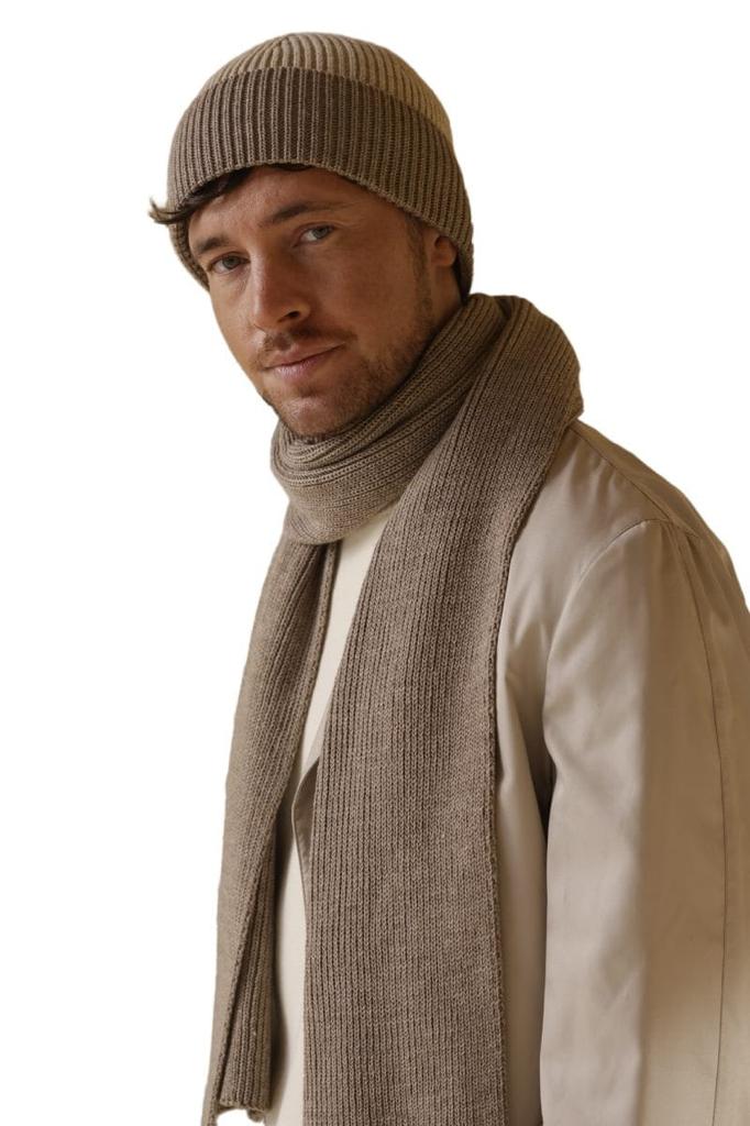 Two-Tone Men' Set Dark Beige Leon Hat with Scarf