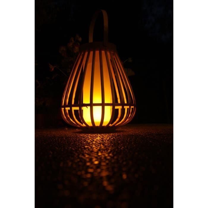 Solar Lamp - Marta - Beige - Natural Bamboo - Flame Effect Lighting - USB and Solar Charging