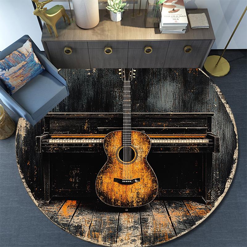 Guitar and Piano Round Area Rug,Carpet Rug for Living Room Bedroom Sofa Playroom Decor,Non-slip Floor Mat