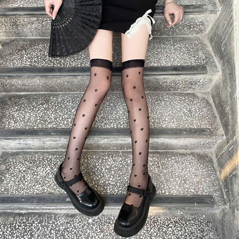 1Pair Love Heart Over Knee Socks,Trendy & Romantic, Women's Summer Ultra-thin Transparent Stockings