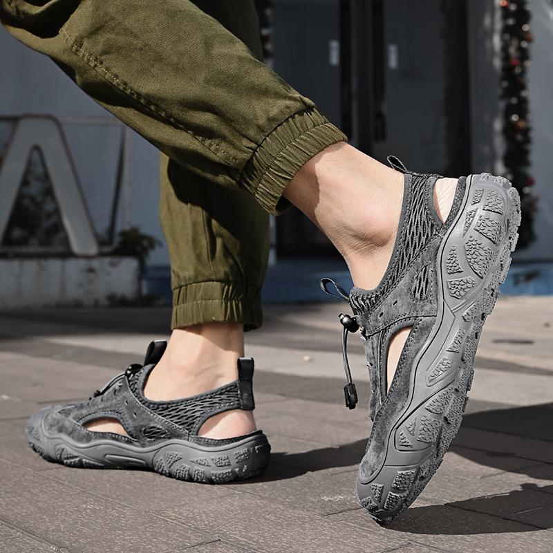 Sandale pentru bărbați cu vârf închis, plasă de vară, modă respirabilă, sandale casual din piele, pantofi de alpinism de dimensiuni mari