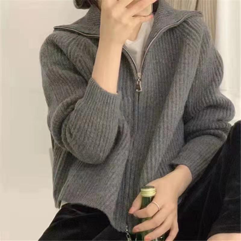 Simple Casual Versatile Lapel Knitted Cardigan Top Women's Autumn and Winter New Loose Lazy Wind Sweater Jacket