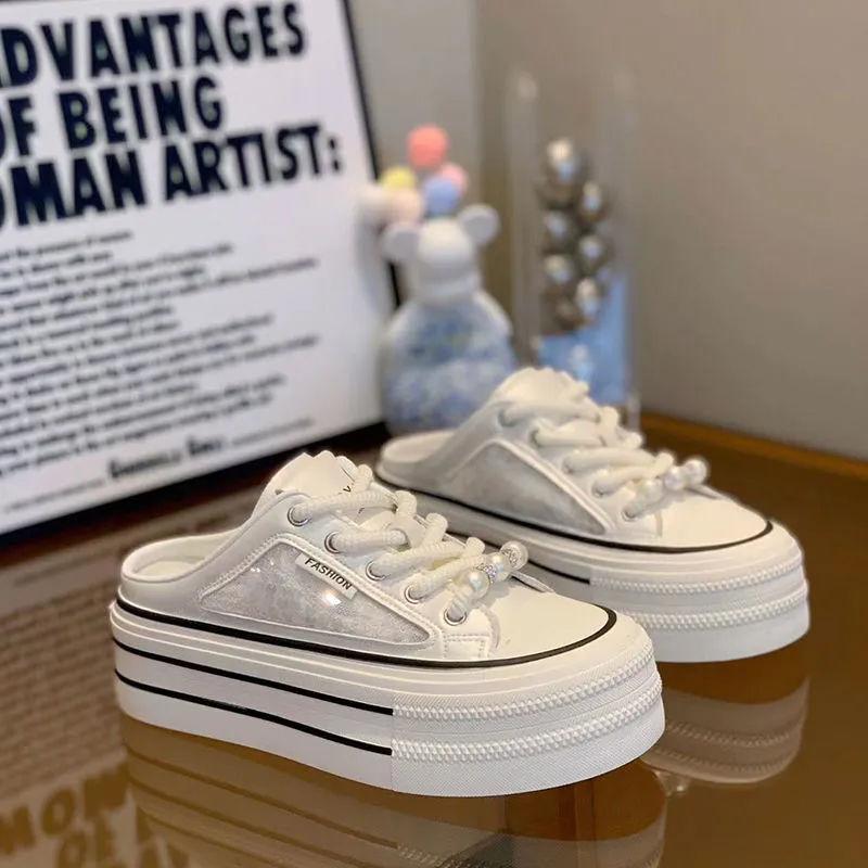 

Baotou slippers women s summer wear fashion new pearl little white sandals without heel breathable half drag 35 белый