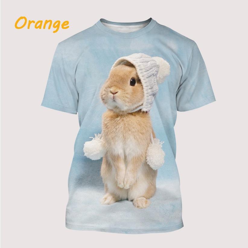 Rabbit 3D Printed Short Sleeved T-shirt Summer Breathable Polyester Simple Round Neck Top