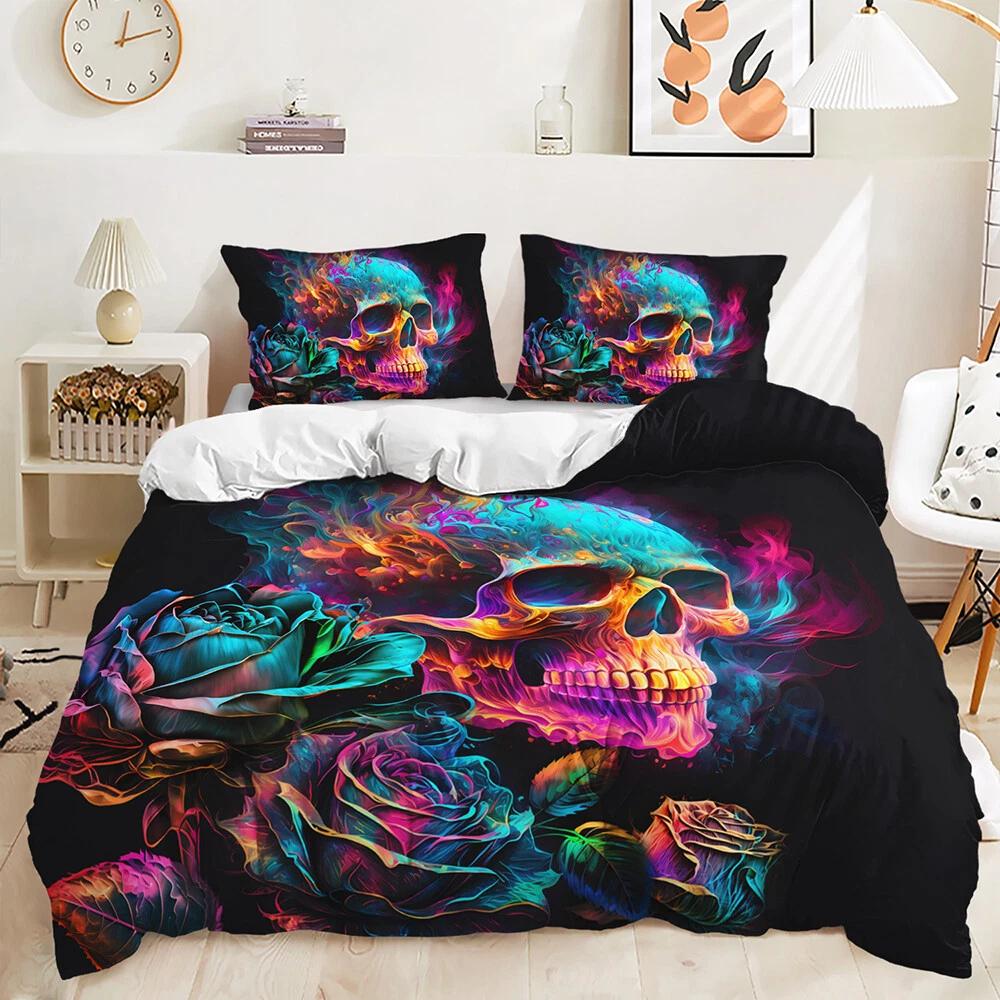 

Neon Skull & Roses Duvet Cover, Gothic Bedding Set, Psychedelic Bed Cover for Edgy Home Decor, Perfect Gift for Twin/Queen/King Size Beds Baby 100x135cm