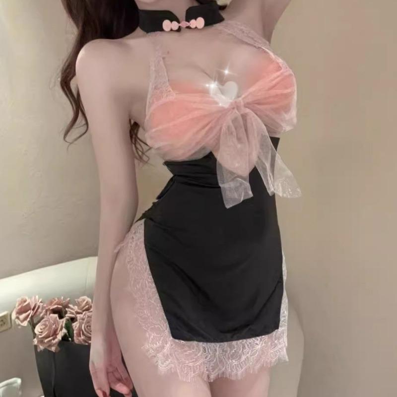 Sex underwear, sexy cheongsam, neck-hanging perspective, split-ended hip-wrapping short skirt, split-ended free uniform perspective suit, pure desire