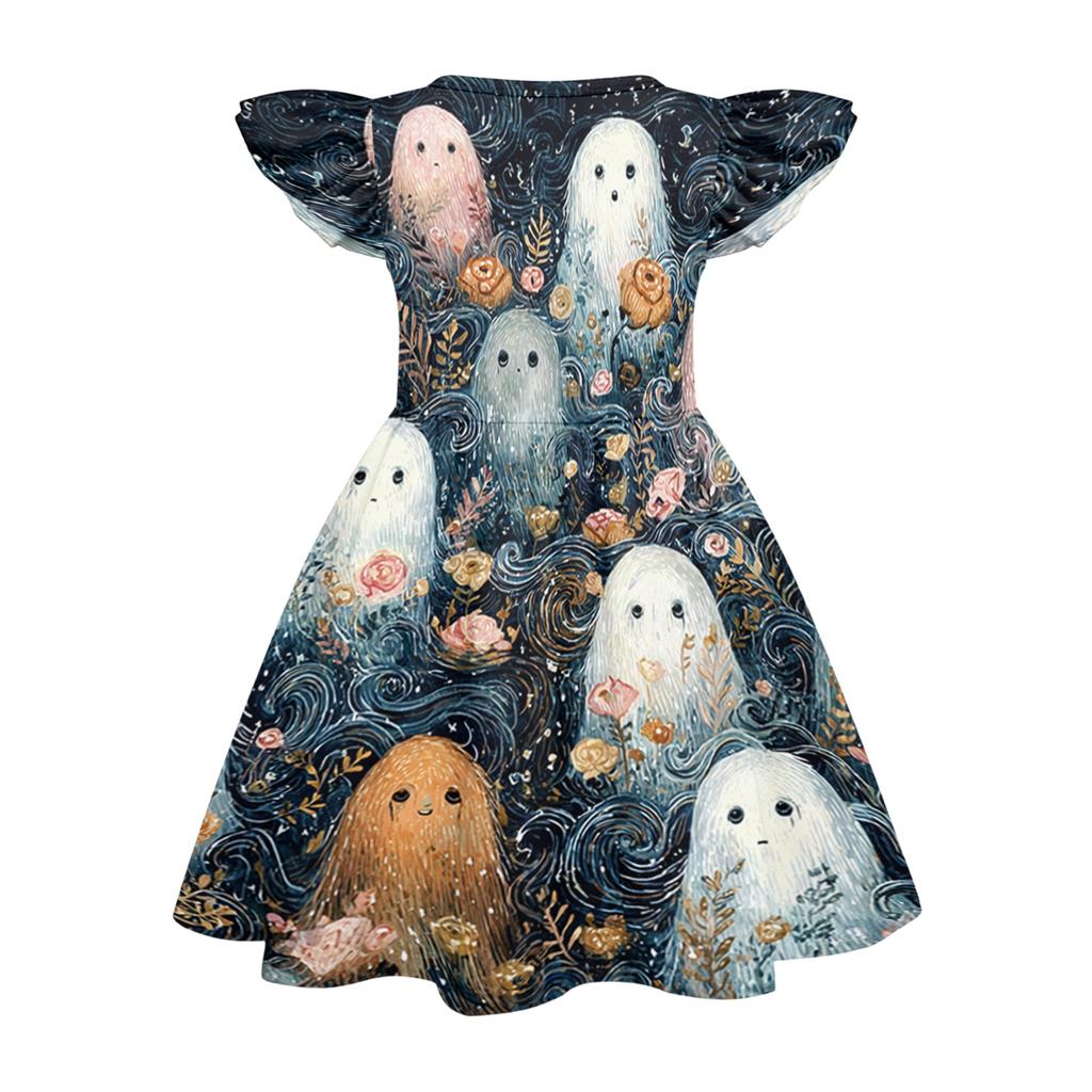 Girls Halloween Dress Flutter Sleeve Dress Ghost Print Patchwork Dress Kids Party Dress A-Line Dress for Toddler and Little Girls