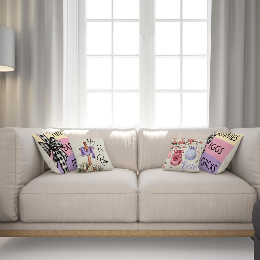 Easter Pillow Covers 18x18 Inch Happy Easter Decor Throw Pillow Covers Easter Bunnies Chicks Eggs Cushion Covers, He Is Risen Cushion Cases