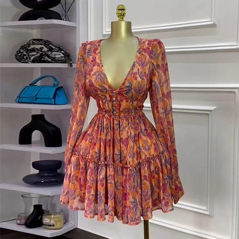 

Western Style New Sweet Fresh Print V-neck High Waist Dress Printed Sexy V-neck Dress Flower color L