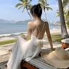 French Retro Satin Sexy Super Fairy Solid Color Suspender Dress On The Beach Vacation Style Backless Beach Long Skirt for Women