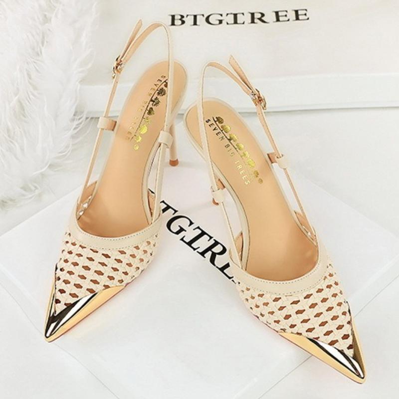 Fashion Luxury Brand High Heels Women Sandals Mesh Embroider Elegant Pointed Ladies Slingback Evening Party Wedding Bridal Dress Shoes