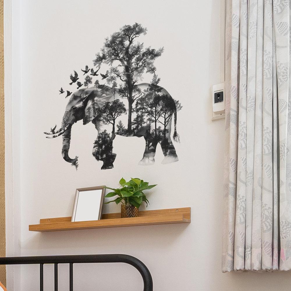 Forest Elephant Silhouette Bedroom Living Room Porch Home Decoration Wall Sticker