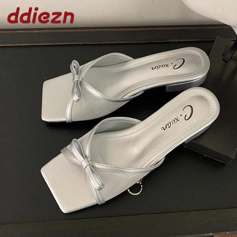 Fashion Low Heel Female Slides Sandals Women Slippers Shoes Square Toe Footwear Fashion Butterfly-Knot Ladies Heeled Slippers Shoes