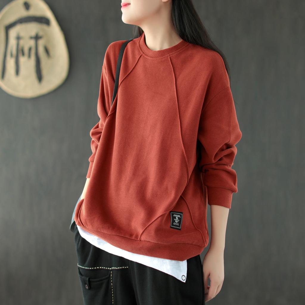 Solid Preppy Style Loose Thick Pullover Sweatshirts Cotton O-Neck Autumn Winter Women's Clothing National Style Patch Designs