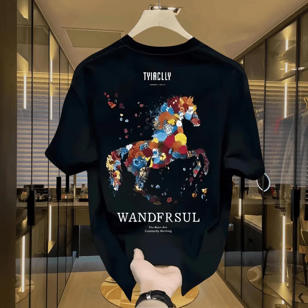 

Colorful Horse Print TShirt New Summer Style 100 Cotton Street Trend Casual Loose Breathable Crew Neck Short Sleeve Top S