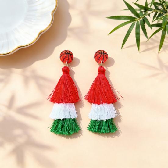 1 Pair Drop Earrings Sports-Themed Baseball Football Basketball Style Lightweight Soft Layered Tassels Red White Green Earrings Cheer Accessories