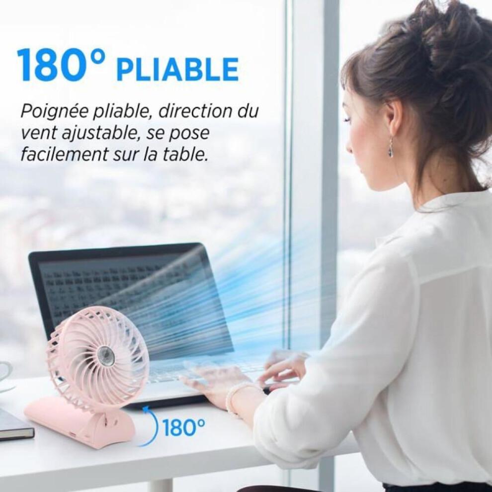 Mini draagbare USB-ventilator met oplaadfunctie, 4 snelheden, 5,5-16 uur batterijduur, 180 draaibaar, roze