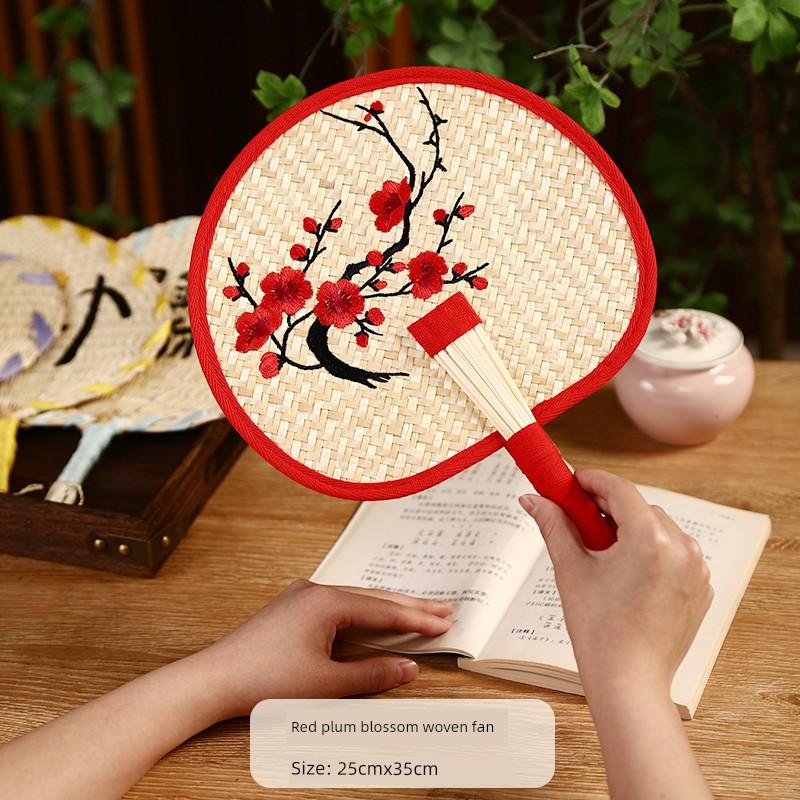 Hand-Woven Traditional Fan with Ancient-Style Embroidery, Portable Hanfu Fan, Trendy Chinese Style, High-End Summer Mosquito-Repellent Fan