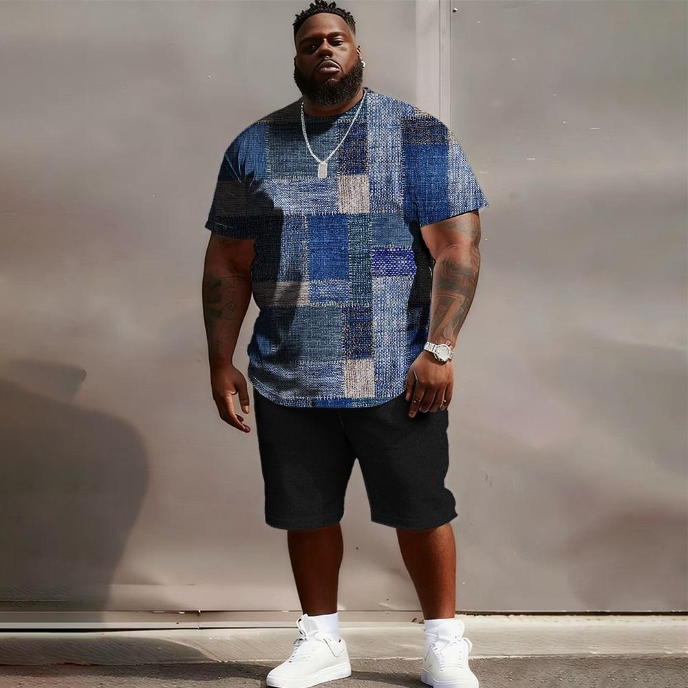

S-6XL Plus Size Men s Streetwear 2 Piece Outfit, Patchwork Plaid Geometric 3D Print Short Sleeve T-Shirt and Shorts Set 6XL