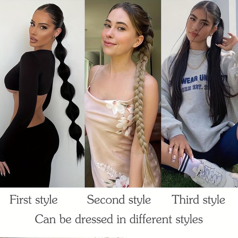 MISS WIG Long Straight Ponytail Extension 24Inch Ponytail Hair Extensions Synthetic Hair On Elastic Band Hairpiece Heat Resistant Hair Accessories