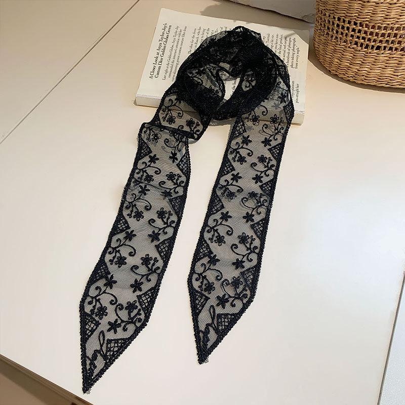 Totem series French super fairy white lace small silk scarf exquisite lace embroidered headband 136*6.5cm чёрный
