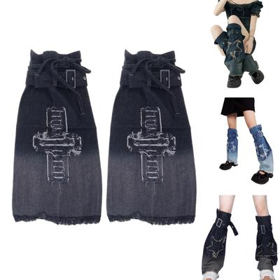 Harajuku Slidte Kryds Stjerne Jeans Benvarmere Punk Justerbar Rem Spændte Benbetræk Vide Lange Sokker til Kvinder