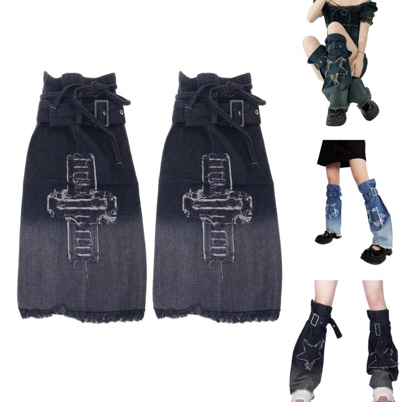 Japanese Women Buckled Strap Distressed Crosses Star Jeans Leg Warmers Harajuku Punk Flared Leg Cover Baggy Long Socks