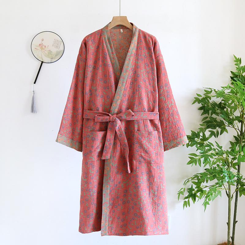 Damen Kimono Bademantel aus garngefärbtem Jacquard, Reine Baumwolle, Lässige lockere Passform für Frühling, Sommer und Herbst