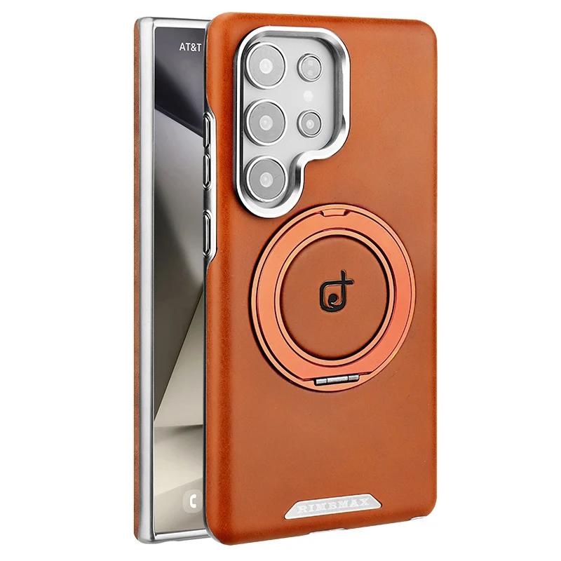 Magnetic Suction 360 Rotating Bracket Leather Case for Samsung Galaxy S25 Ultra S24 Plus S23Ultra Ring Holder Stand Phone Cover