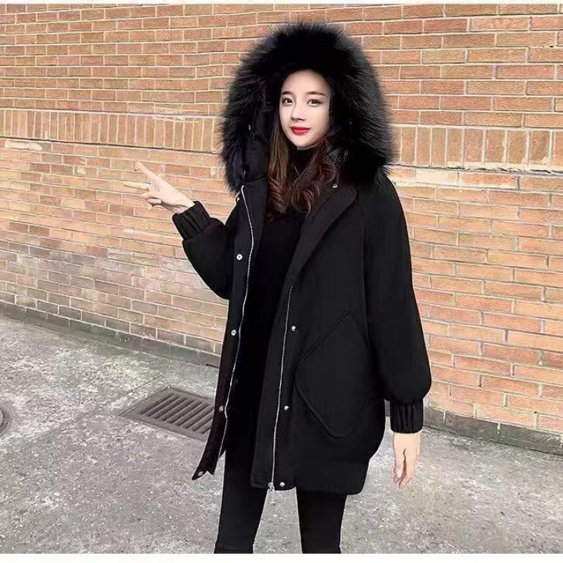 

Женское демисезонное пальто средней длины из хлопка с пухом, 2023, зимнее, в корейском стиле, свободного кроя, больших размеров, утолщенная куртка 3XL 160-180jin чёрный