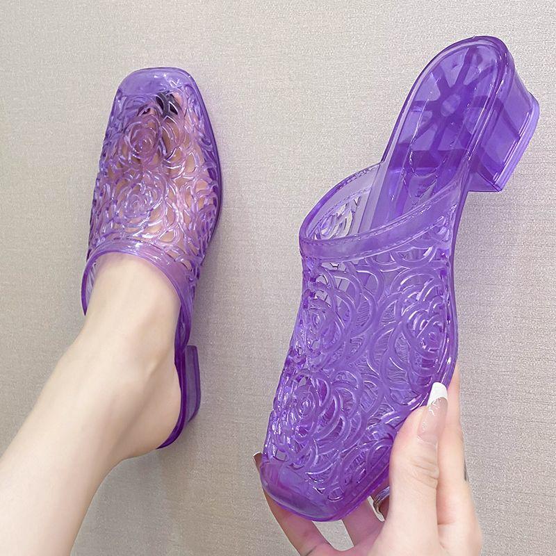 Modieuze Bloem Slippers voor Dames in de Zomer, met Kristallen Dikke Hak en Jelly Transparante Antislip en Hoogte Verhogende Neus