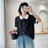 2025 Plus Size Women's Black/White Color Block Ice Silk Short Sleeve Cardigan Top