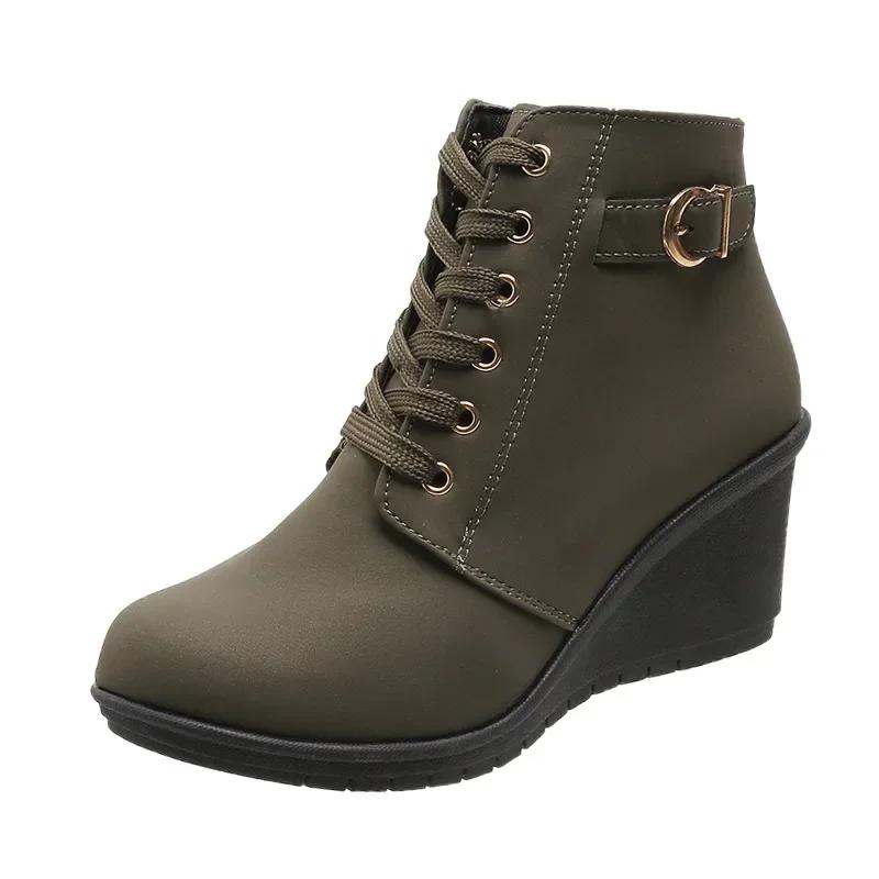 Retro Wedge Thick Bottom Round Toe High Heels Short Boots Lace Up Autumn Winter Warm Platform Ethnic Style Ankle Boots2025