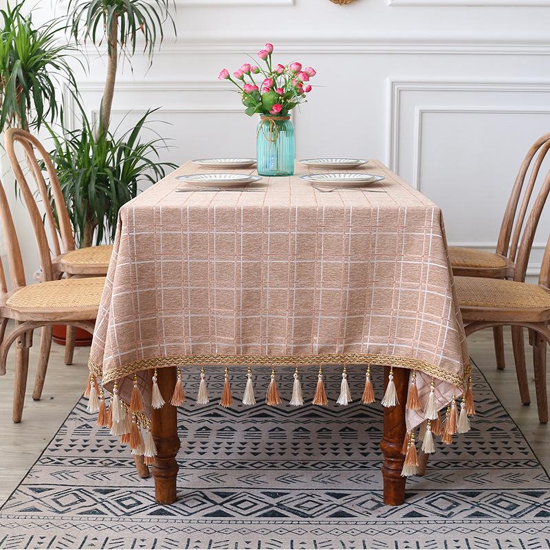 Cotton Geometric Plaid Jacquard Fabric Tablecloth Linen Rectangular Home Decoration Table Cover with Tassel for Banquet Party Nappe
