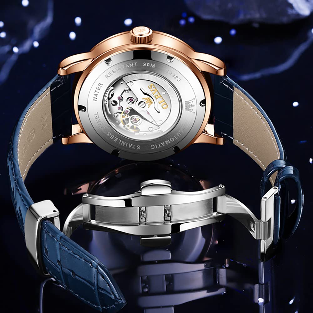 OLEVS Watch Cool Starry Sky Automatic Watch Mechanical Luxury Leather Belt Skeleton Leather Belt Waterproof Blue watch for men Gold Men's Men's (Rose