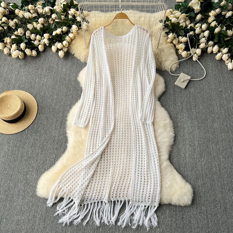 Fancy Idle Style Mid Length Long Length Cardigan Shawl Women's Seaside Holiday Travel Sun Protection Cut Out Knitting Tassel Outwear