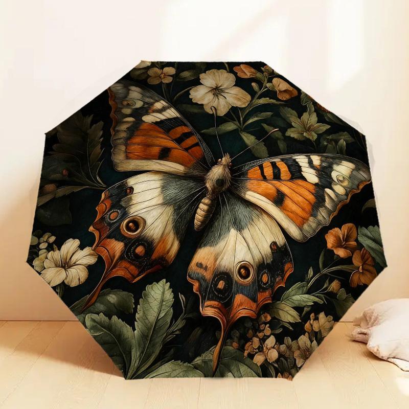 1pc Butterfly Flowers Automatic Folding Umbrella, Heavy Duty 8 Rib Iron Frame,  Suitable for Travel, Daily Use, Birthday, Decor Gift m0104090