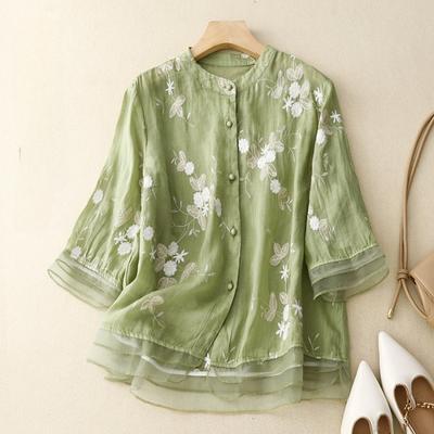 Zomer Retro Shirt Dames Artistieke Geborduurde Blouse Casual Splicing Organza Top