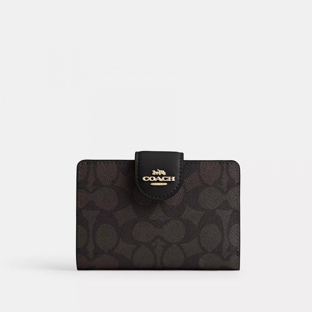 Coach Medium Corner Zip Wallet In Signature Canvas Gold Tan Black