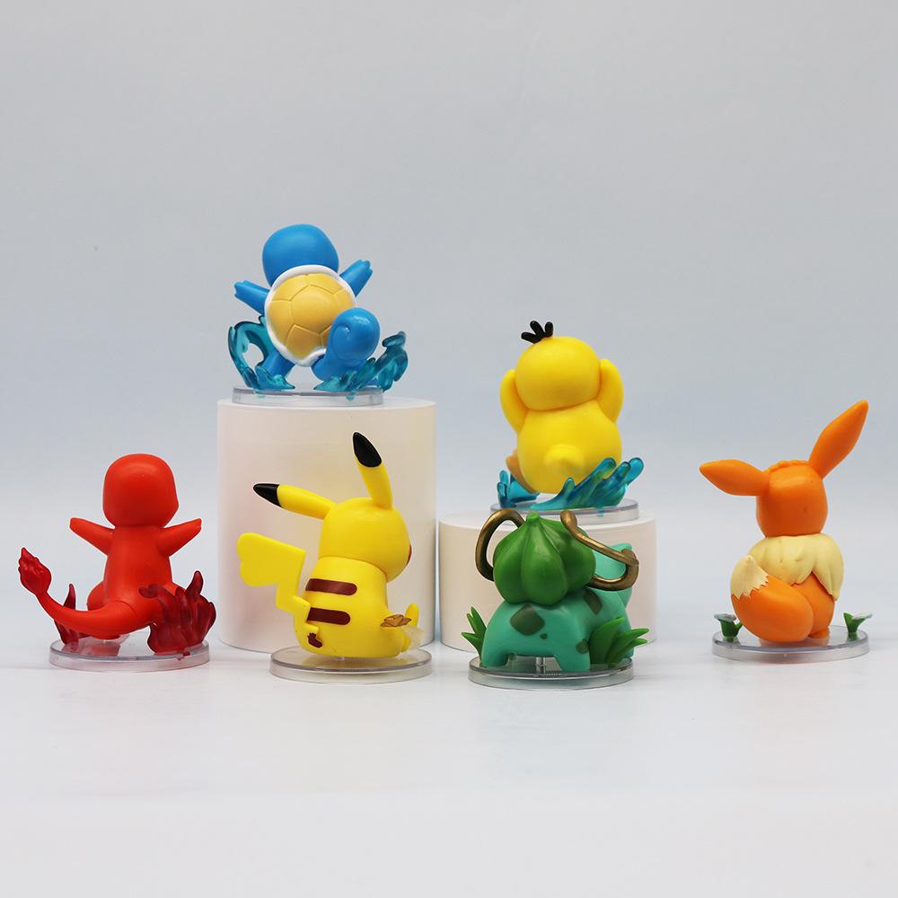 6Pcs Anime Pokemon Scene Elf Cute Pikachu Eevee Psyduck Charmander Squirtle Bulbasaur Model Car Decoration Figure Doll Toys Gift